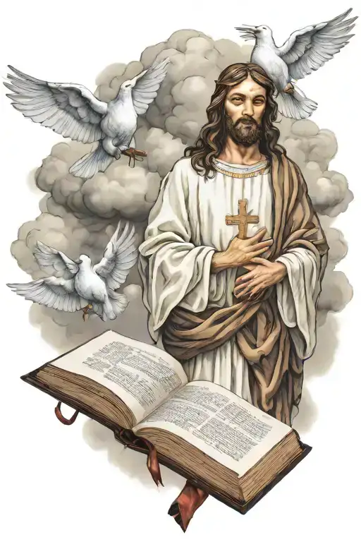 Jesus clouds doves bible quote prayer hands holding cross tattoo design idea