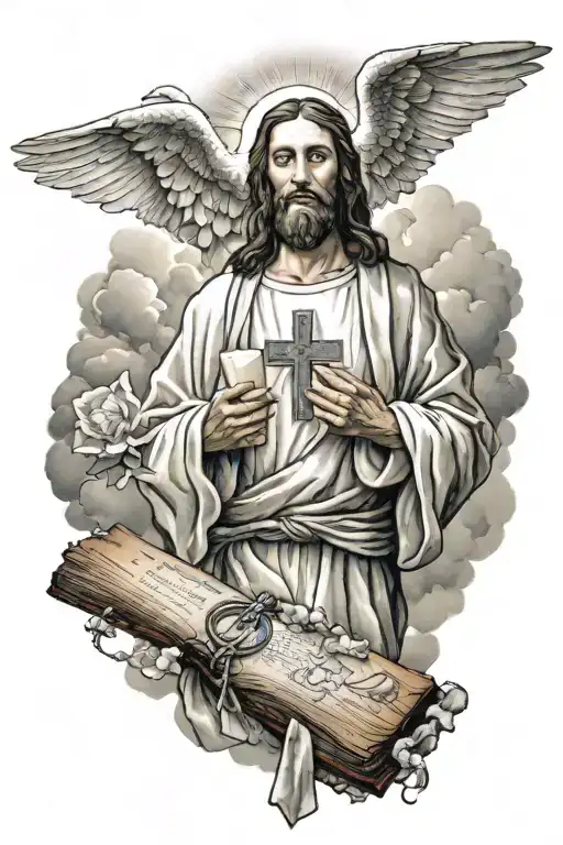 Jesus clouds doves bible quote prayer hands holding cross tattoo design idea