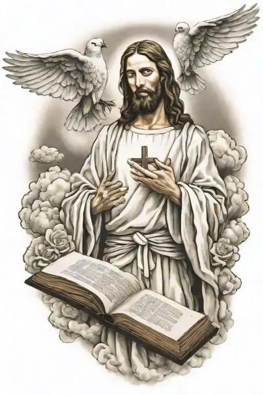 Jesus clouds doves bible quote prayer hands holding cross tattoo design idea