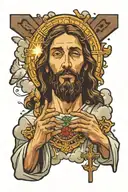 Jesus with 3 crosses prayer hands clouds doves flying and lights tattoo design idea