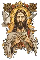Jesus with 3 crosses prayer hands clouds doves flying and lights tattoo design idea