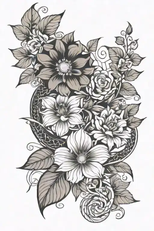 snake, morning glory flower, and aster flower tattoo design idea