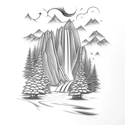 A detailed pencil drawing of a majestic waterfall surrounded by mountains and trees tattoo design idea