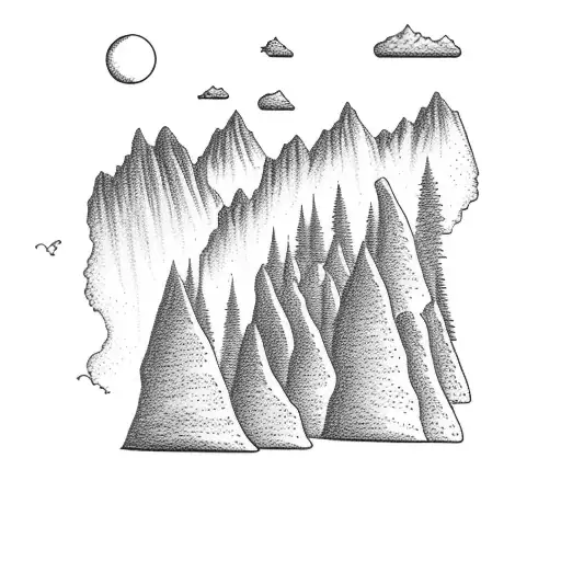 A detailed pencil drawing of a majestic waterfall surrounded by mountains and trees tattoo design idea