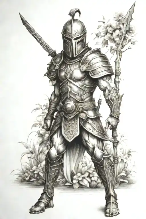 warrior in a garden scene tattoo design idea