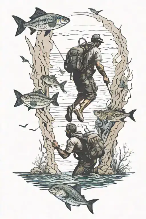 A father Diving, underwater life, fishing and daughter holding hands on the cliff tattoo design idea