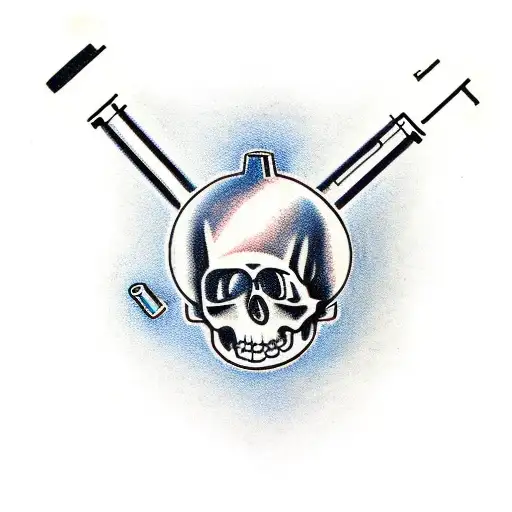 a small gun with a plus sign and a piece of candy inside a heart  tattoo design idea