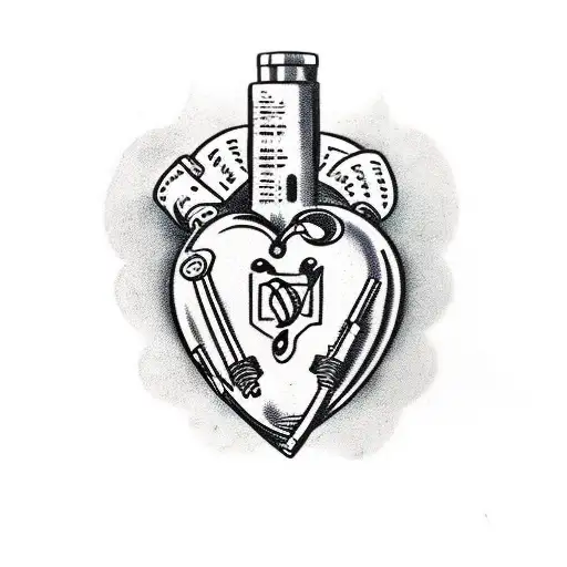 a gun, plus sign and a piece of candy inside a heart outline tattoo design idea
