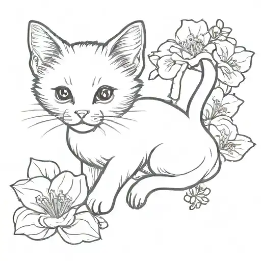 tattoo kitten with geranium tattoo design idea