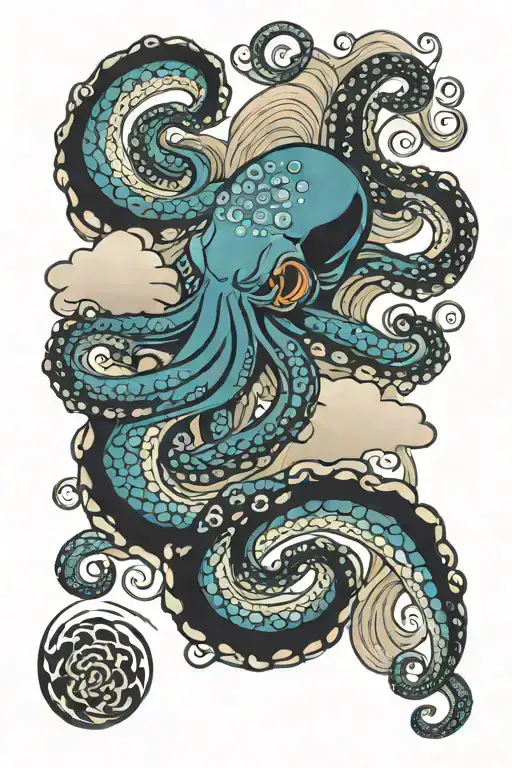 Oriental octopus, temple, waves and oriental clouds tattoo design idea