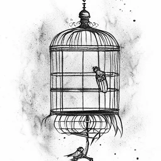 Open birdcage with feathers flying out and a bird skeleton inside tattoo design idea