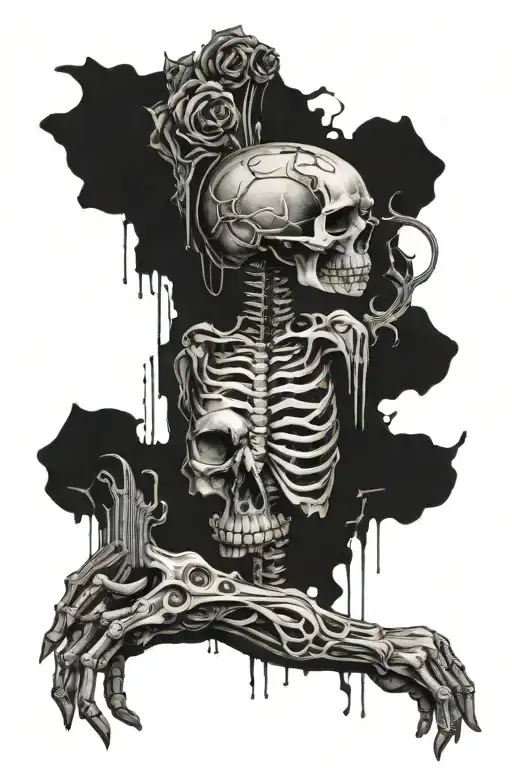  spine tattoo with a skull arm going up the spine and then the hand grabbing the back of the neck tattoo design idea