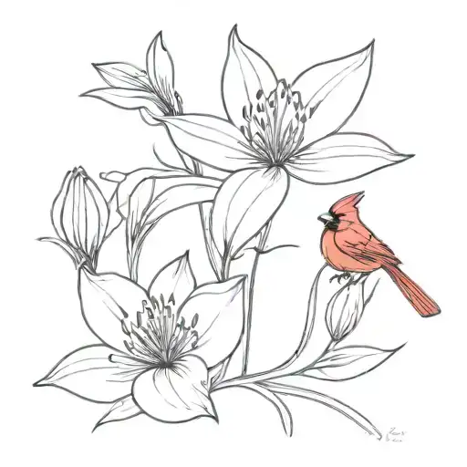 cardinal and lilly flower fine line tattoo tattoo design idea