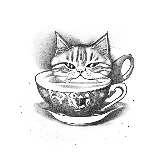 Magical cat brewing a potion in a teacup tattoo design idea