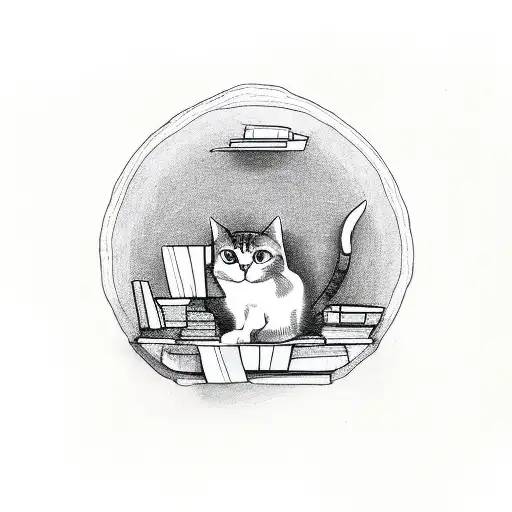 Bookshelf filled with fantasy books and a cat curled up on top tattoo design idea