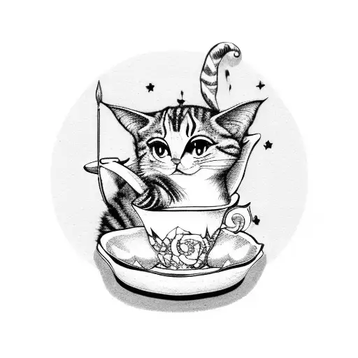 A tooth fairy holding a teacup and surrounded by cats tattoo design idea