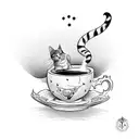 Magical cat brewing a potion in a teacup tattoo design idea
