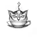 Magical cat brewing a potion in a teacup tattoo design idea