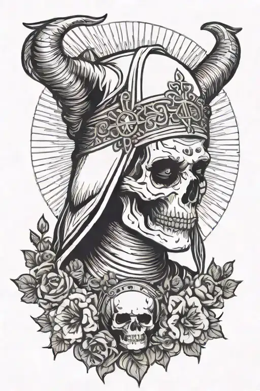 black and white nun with horns and a skull as a face praying   tattoo design idea
