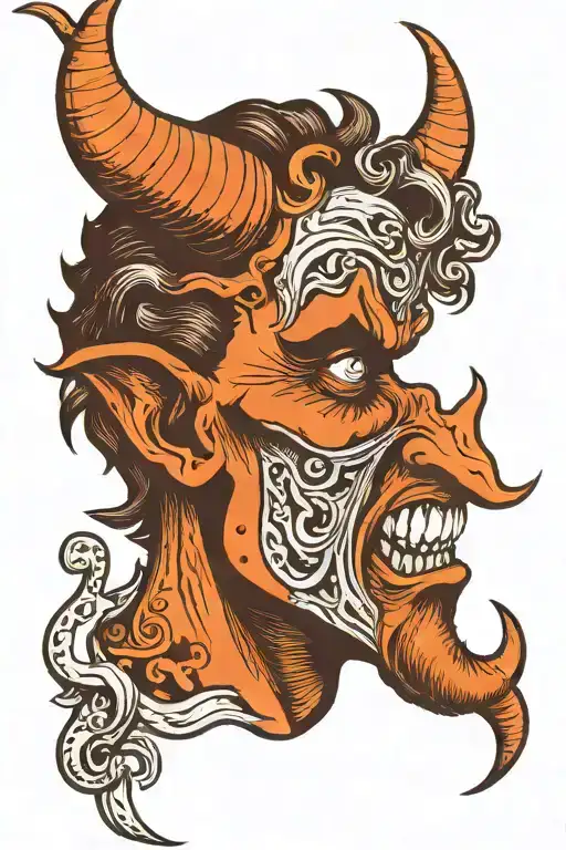 the head of the devil with horns is turned to face in profile and he sticks out his long wavy sharp tongue upward tattoo design idea
