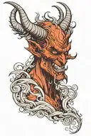 the devil with horns is turned to face in profile with a long wavy tongue which he points upwards slightly away from himself tattoo design idea