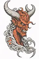 the devil with horns is turned to face in profile with a long wavy tongue which he points upwards slightly away from himself tattoo design idea