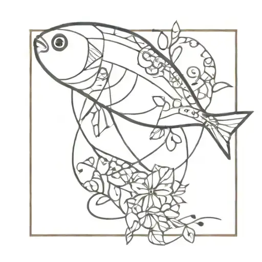 A minimalist design of geometric fish intertwined with vines and flowers tattoo design idea