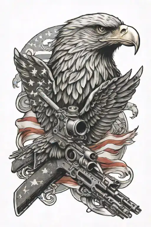 american flag with a American eagle and machine gun tattoo design idea
