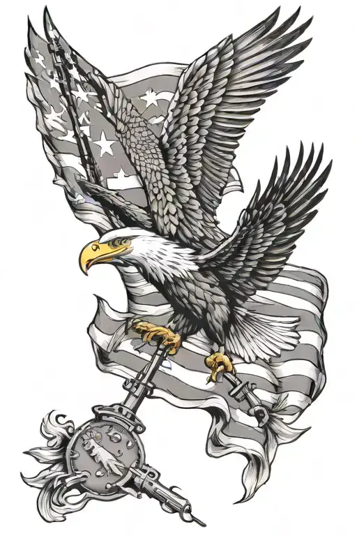 american flag with a American eagle with a assault rifle  tattoo design idea