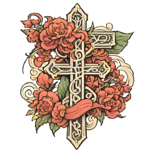 christian cross in letters wrapped with laurel branch and cloud tattoo design idea