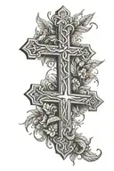 Christian cross with laurel and cloud wreath tattoo design idea