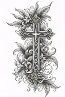 Christian cross with laurel and cloud wreath tattoo design idea