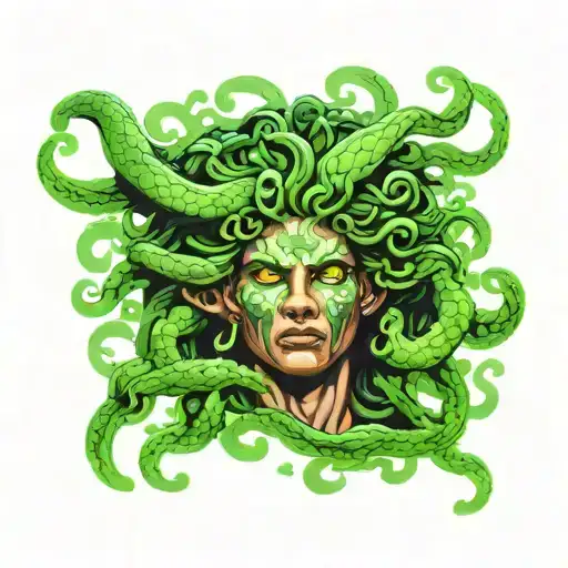 Head of the Gorgon Medusa on a dark background with glowing green eyes, on the forearm tattoo design idea