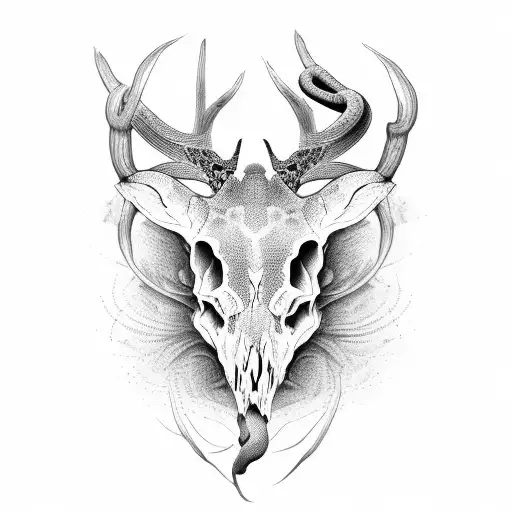 long snake and deer face half skull tattoo design idea