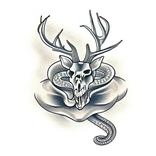 snake with deer half skull tattoo design idea