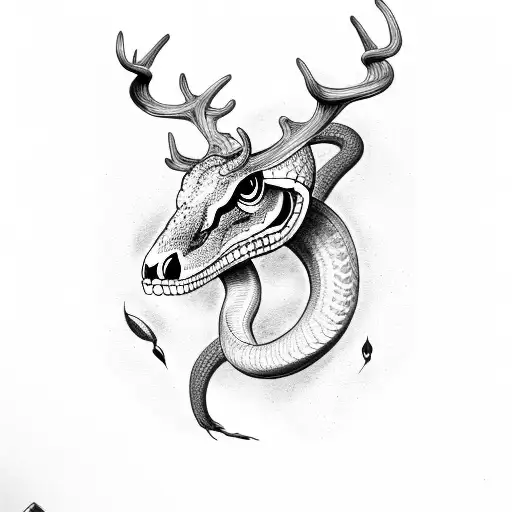 snake with deer half skull tattoo design idea