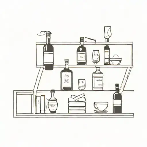 A minimalist tattoo of a bookshelf filled with wine bottles and family photos, representing your favorite things - books, wine, and family tattoo design idea