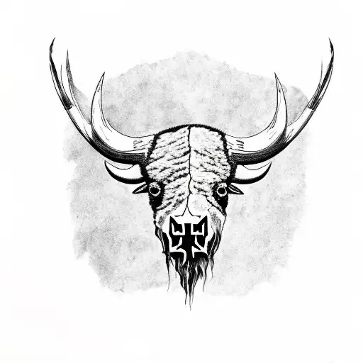 Artistic representation of a bison skull adorned with maple leaves tattoo design idea