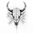 Artistic representation of a bison skull adorned with maple leaves tattoo design idea