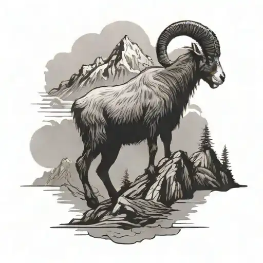 A majestic mountain range with a silhouette of a goat standing proudly on the summit tattoo design idea