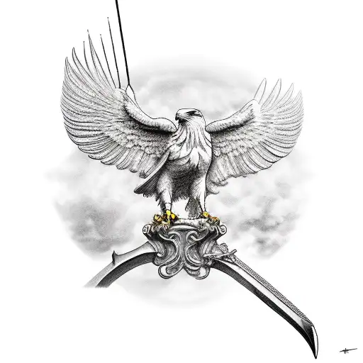 A detailed study of a majestic eagle perched on a balanced scale, holding a sword of justice in its talons, with a clock face incorporated in the background. tattoo design idea
