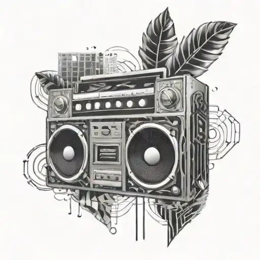 A boombox with intricate geometric patterns and musical notes intertwined, symbolizing your love for Hip Hop music and dancing tattoo design idea