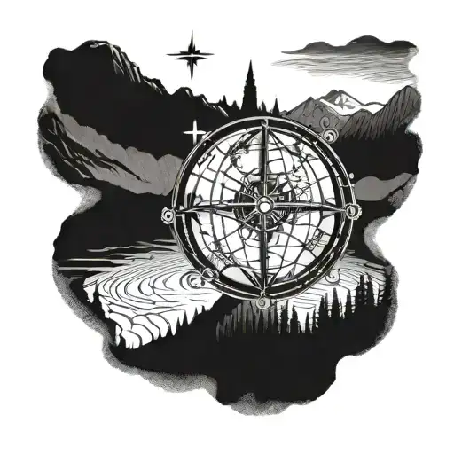 A globe made out of hiking trails with a compass rose in the center tattoo design idea