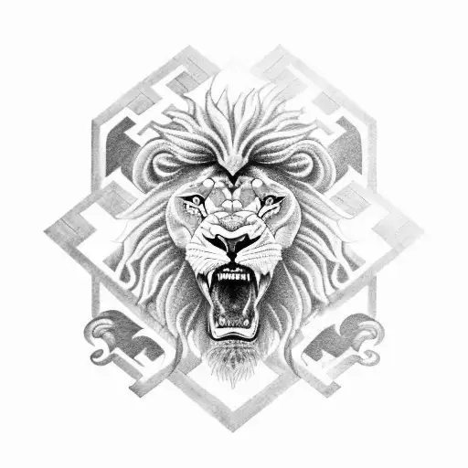 An intricate black and grey tattoo of a lion representing strength and loyalty, with the logos of Olympique de Marseille and Nîmes Olympique intertwined tattoo design idea