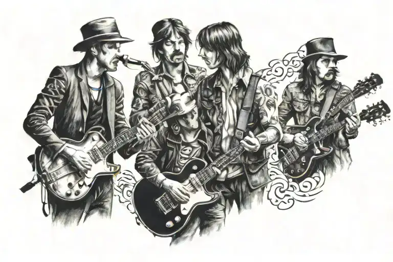 traditionla band-tattoo in black and white of a 1cm wodth band fading 9ver to the abbey road cover with the Bandmembers tattoo design idea