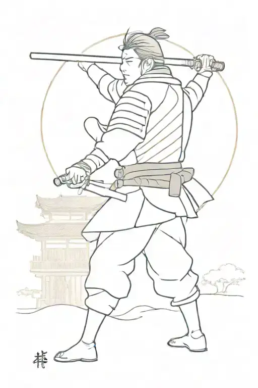 A minimalist tattoo of a samurai holding a gun, with Japanese architecture in the background tattoo design idea