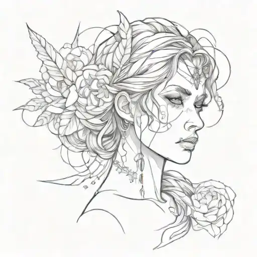 A portrait of a beautiful and mysterious girl with a hidden symbol of strength tattoo design idea