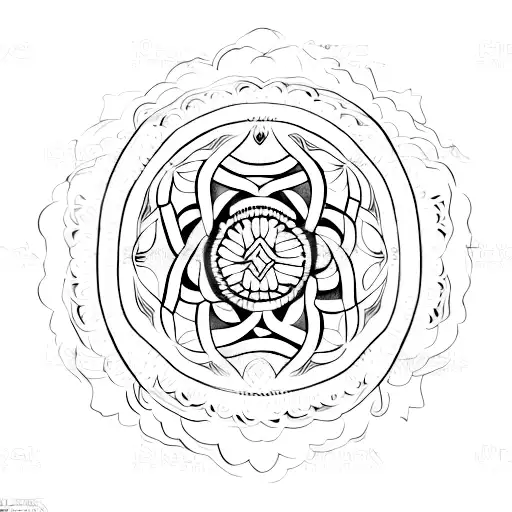 A Latin quote about love and tranquility, surrounded by intricate geometric patterns in red ink tattoo design idea