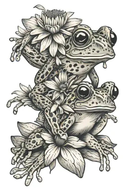 frog hanging from daisy flower, with ladybug on top of the daisy flower. tattoo design idea