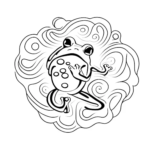 A frog leaping off a lily pad surrounded by swirling water tattoo design idea
